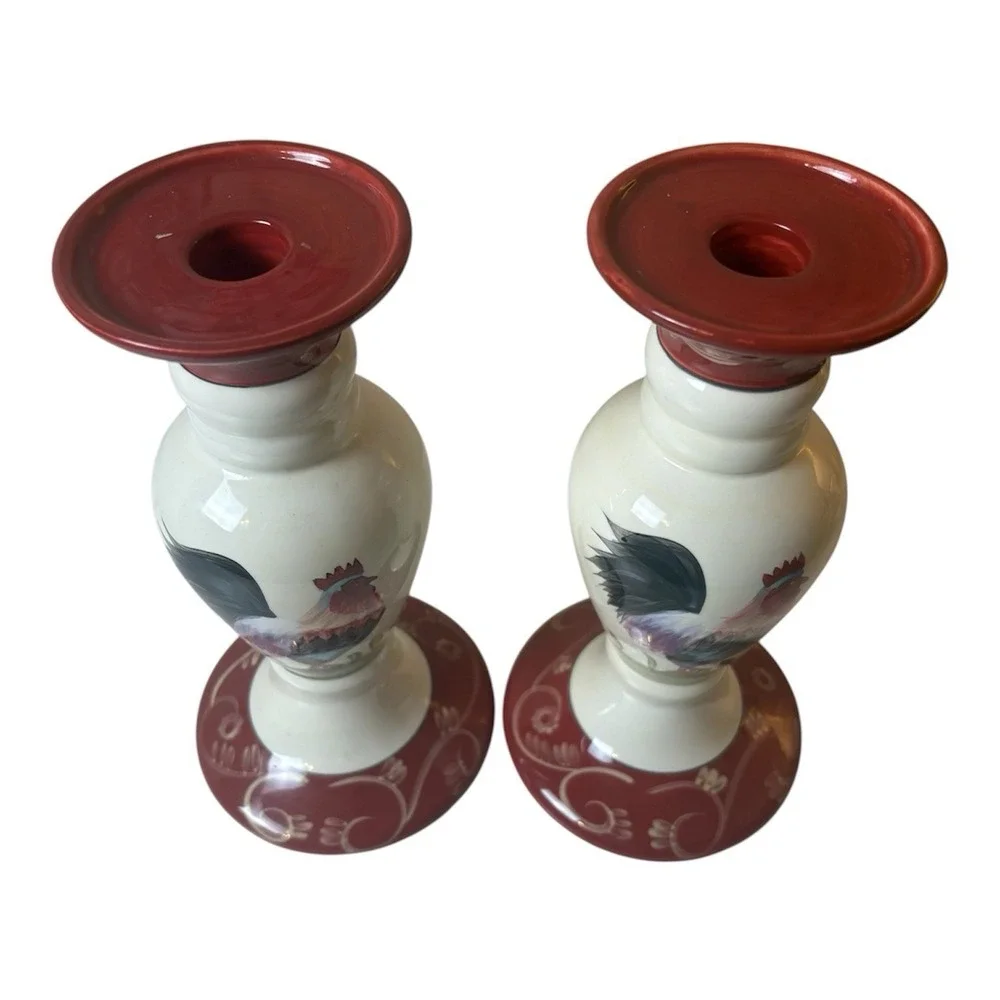 Set Of 2 Rooster Pillar Candle Holder Ceramic Base By Home Interior & Gifts
